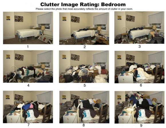 9 small pictures of bedrooms at varying levels of hoarding