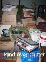 A living room full of plants, boxes, craft supplies, books
