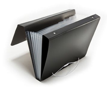 Black 3 ring binder with attached accordian file 