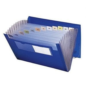 Blue accordian file with clear sections for papers