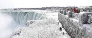 Water going over Niagara Falls with a stone wall and railing covered in ice