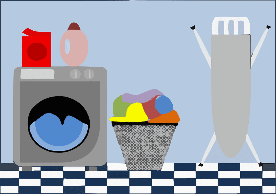 catoon syle laundry room with black and white floor, washing machine, laundry basket and ironing board