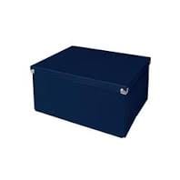 A blue box with a blue lid that pops for using and flattens for storage.