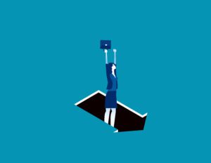 An arrow opening in the floor with a person falling through representing as pitfall.