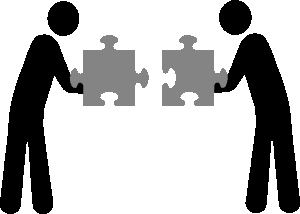Two people each holding puzzle pieces showing how they fit together to make a whole.