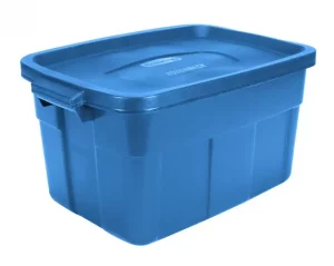 Blue Rubbermaid storage bin with lid