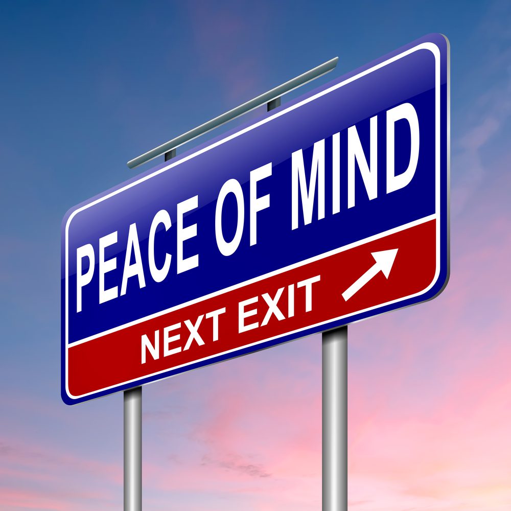 Illustration depicting a roadsign with a peace of mind concept. Sky background.