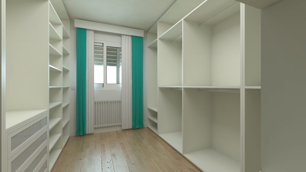 A build in closet with white shelves and hard wood floor