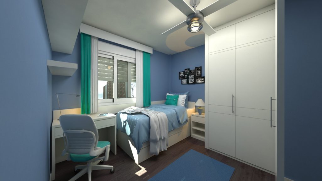 Small dorm room with blue walls