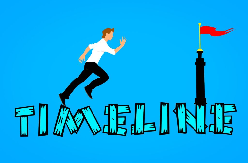 a cartoon with the word timeline across the bottom and a person running on top to reach the finish line flag.