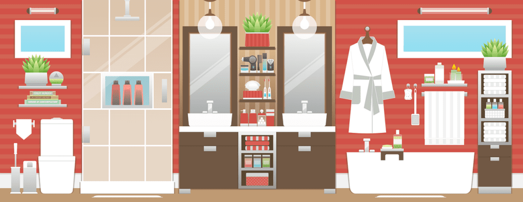 A cartoon graphic of a well organized bathroom with 2 sinks, bath tub and storage. 