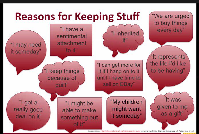 Reasons for Keeping Stuff "I may need it someday." "I got a really good deal on it." "I keep things because of guilt." "I have a sentimental attachment to it." "I might be able to make something out of it." "I inherited it." "I can get more for it if I hang on to it until I have time to sell on EBay." "My children might want it someday." "We are urged to buy things every day." "It represents the life I'd like to be having." "It was given to me as a gift."