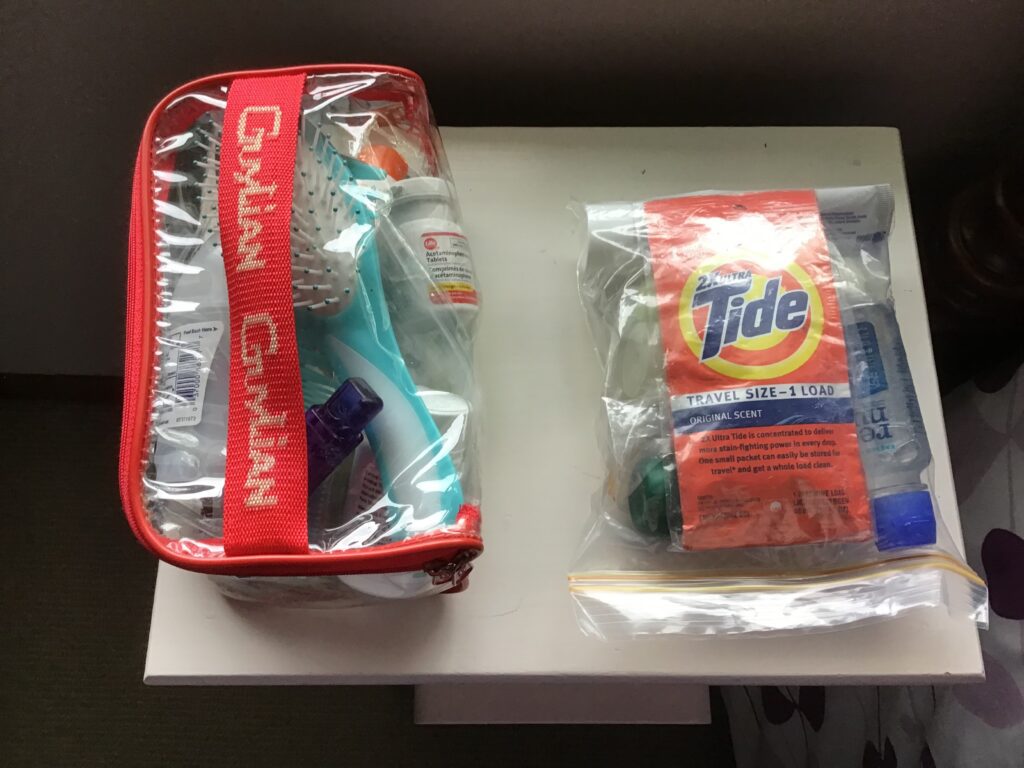 2 clear cosmetics bags. One with items that are used daily and one with medications, laundry supplies and personal items. 