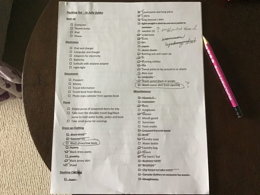 A paper list of items to pack for a vacation 