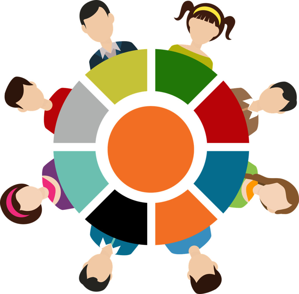 A round table with people discussing ideas 