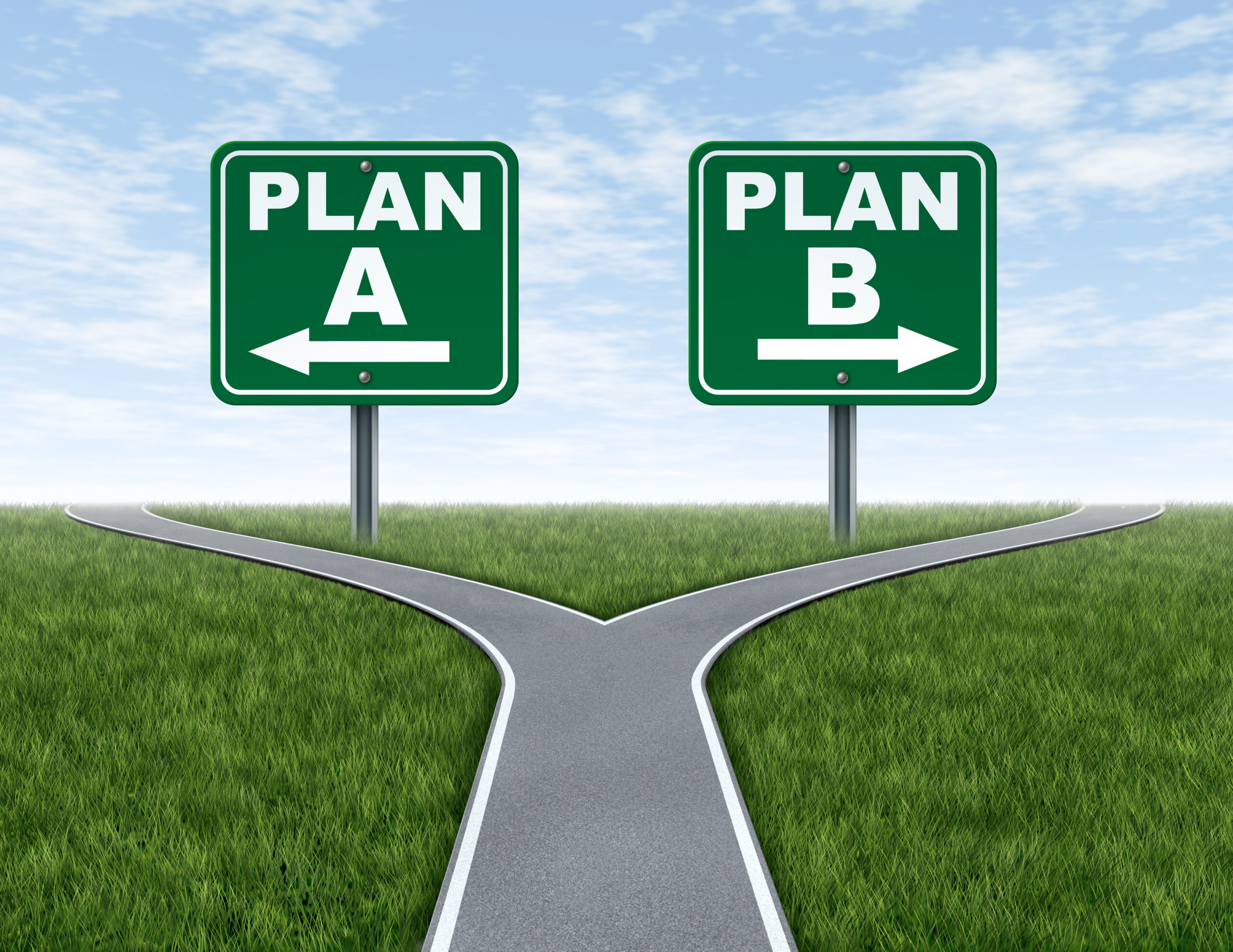 A street dividing into 2 roads with signs that say Plan A Plan B